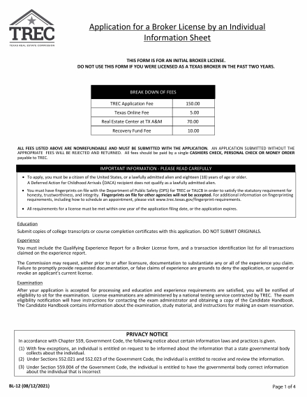 Application for Real Estate Broker License by an Individual 
